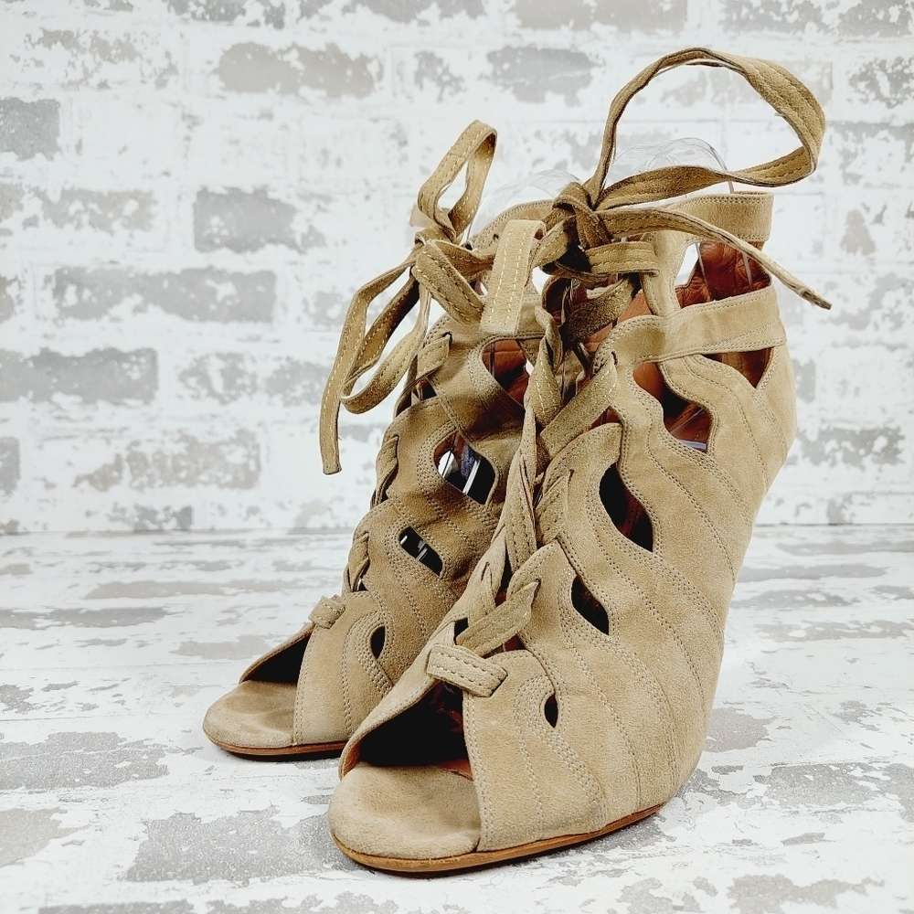 Alaia Beige Cut Out Suede Lace Up Peep Toe Heeled Ankle Booties M817 - Picture 2 of 15